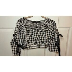 Poof New York Gingham Off The Shoulder Crop Top Black White Bow Sleeve Large